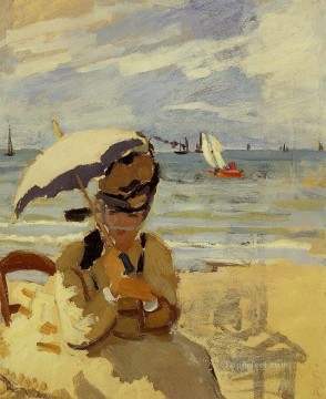  Camille Oil Painting - Camille Sitting on the Beach at Trouville Claude Monet